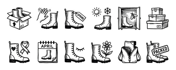 Hand-drawn black and white icon set featuring boots being packed, stored for spring, donated to charity, and used for seasonal wear, in a simple doodle style isolated on white background