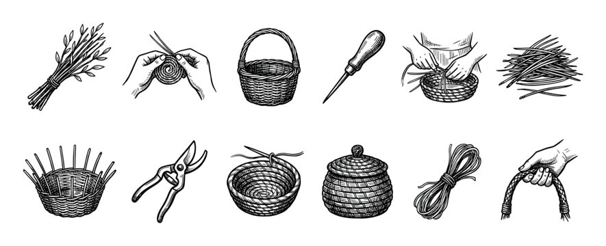 Set of hand-drawn basket weaving icons showing the process, tools, and materials in a vintage engraving style, isolated on a white background