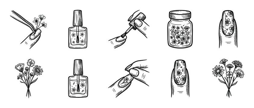 Set of hand-drawn floral manicure icons showing the nail art process with flowers, polish, and tools in a sketch doodle style, isolated on a white background