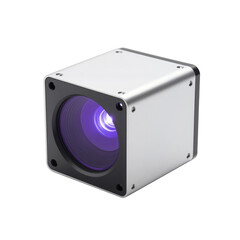 Fototapeta premium A modern cube shaped industrial camera with a glowing purple lens emitting light