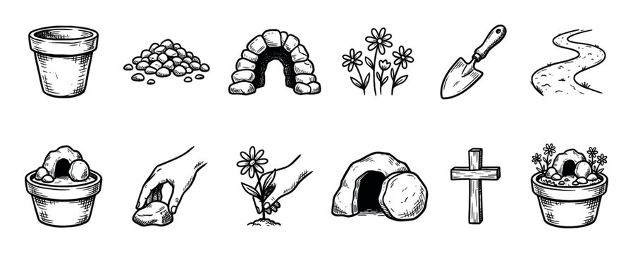 Hand drawn resurrection garden icon set showing craft elements like a pot, empty tomb, cross, and flowers in a black and white sketch style, isolated on a white background
