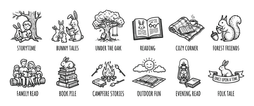Collection of hand-drawn black and white icons depicting reading and storytelling themes like family time, forest animals, and cozy campfire scenes, isolated on a white background