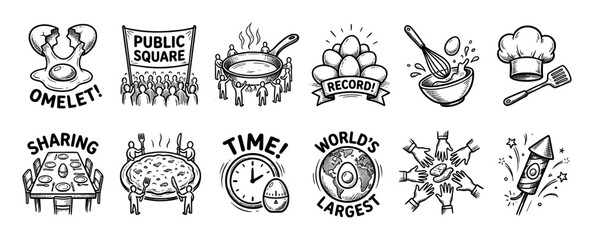 Hand-drawn black and white icon set illustrating a world record attempt for the largest omelet, with doodle-style images of cooking, community, sharing, and celebration isolated on white
