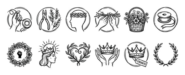 Obraz premium Set of hand-drawn black and white icons illustrating female strength, royalty, and nature, featuring symbols like a crown, floral wreath, raised fist, and crafting hands in a sketch style