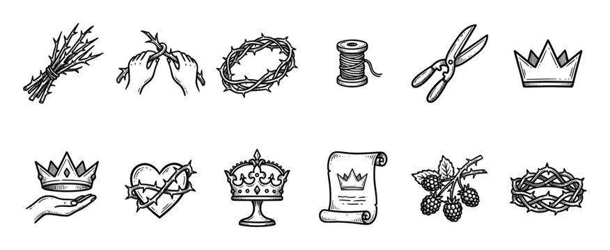 Hand-drawn black and white religious icon set with a crown of thorns, heart, and scroll in a vintage engraving style, isolated on a white background for design elements