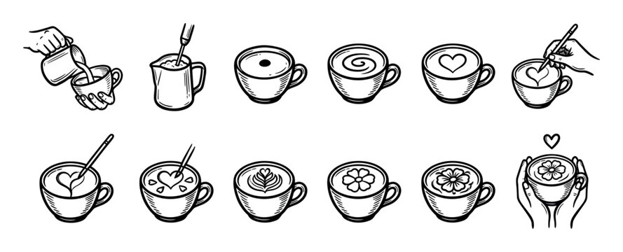 Set of hand drawn latte art icons showing the coffee making process with various designs like hearts and flowers, in a black and white sketch style isolated on white