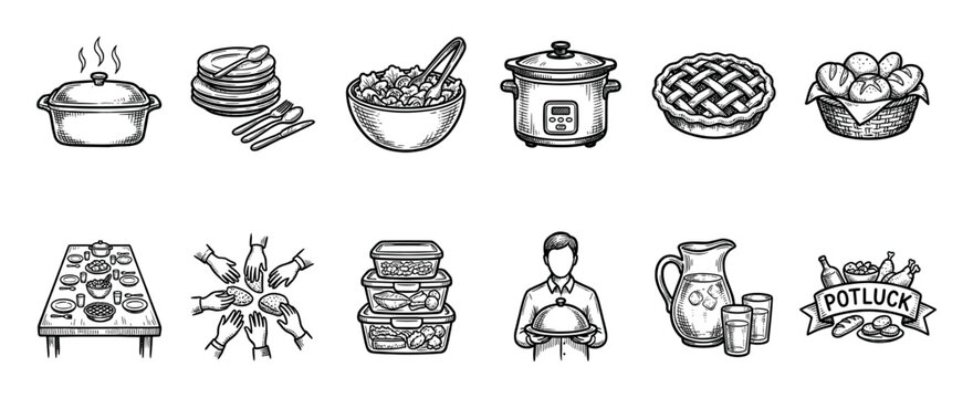 Hand-drawn potluck dinner icon set showing food, dishes, sharing, and community gathering elements in a vintage sketch style isolated on a white background