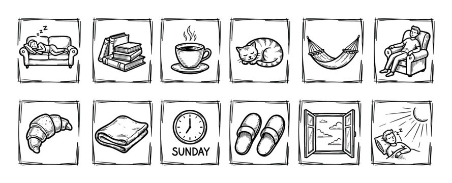Hand-drawn lazy Sunday icon set collection with doodle-style illustrations of sleeping, coffee, books, and a cat, representing relaxation and comfort, isolated on a white background
