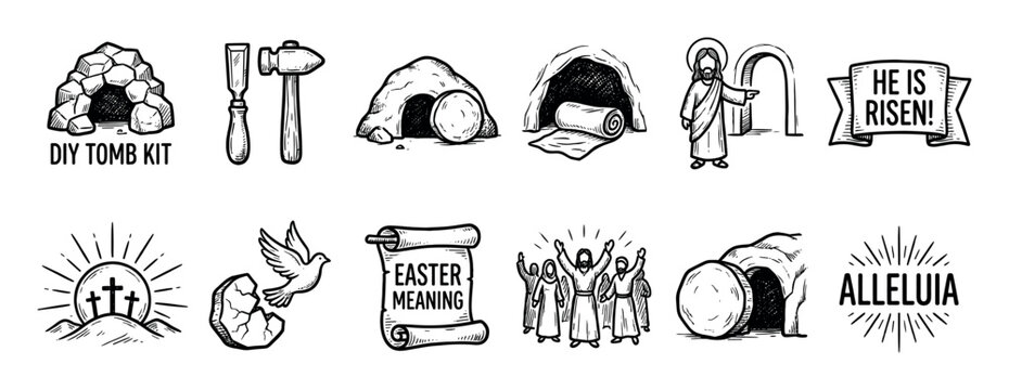 Set of hand-drawn Christian Easter icons depicting the resurrection story with an empty tomb, crosses, and religious symbols in a black and white sketch style isolated on white