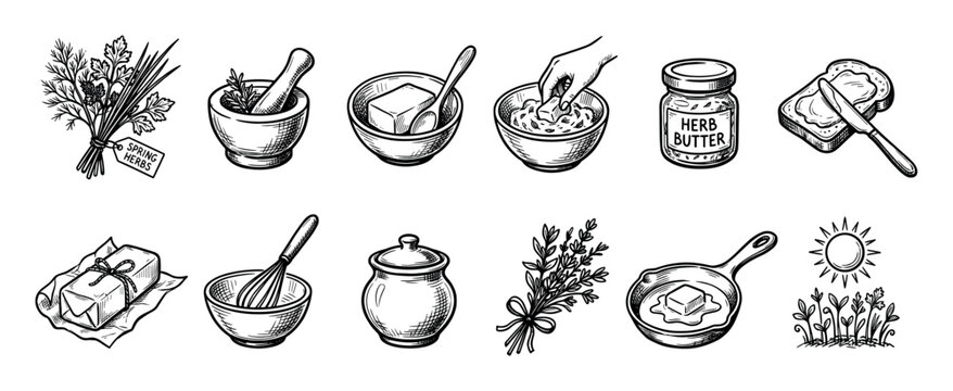 Hand drawn sketch icon set illustrating the process of making homemade herb butter with fresh ingredients, kitchen utensils, and serving suggestions isolated on a white background