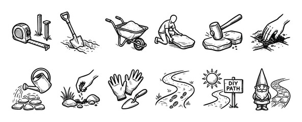 Obraz premium Hand-drawn garden path building icon set showing tools and steps for a DIY landscaping project, including a shovel, wheelbarrow, and paving stones, isolated on a white background