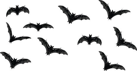 Black bat silhouettes set, flying nocturnal animal vector illustrations, spooky halloween icons, colony of bats in flight for graphic design, © MdJherulIslam