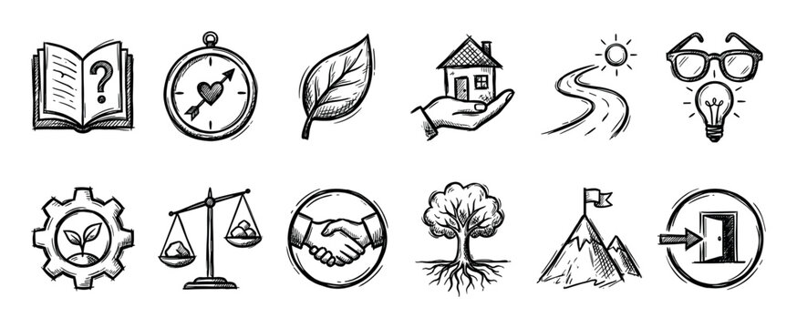 Hand-drawn sketch style icon set representing business, ecology, and personal growth concepts like goals, ideas, and partnership, isolated on a white background
