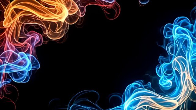 A dramatic unveiling of the Smoke Border Frame swirling with soft golden wisps is accentuated by vibrant strokes of ruby and electric cyan, which pulse and blend rhythmically, crafting a