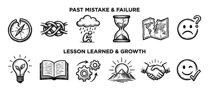 Hand drawn icon set illustrating concepts of past mistakes and failures transforming into lessons learned and personal growth, a sketch style infographic isolated on white background