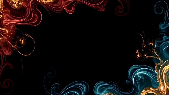 The intricate design of the Smoke Border Frame swirling with soft golden wisps is beautifully complemented by a cascade of rich burgundy and cool turquoise tones swirling gently, evoking a