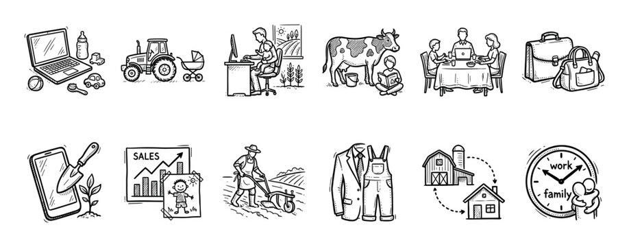 Hand-drawn doodle icons of farming, business, and family life illustrating the concept of work-life balance in a sketchy black and white style isolated on a white background