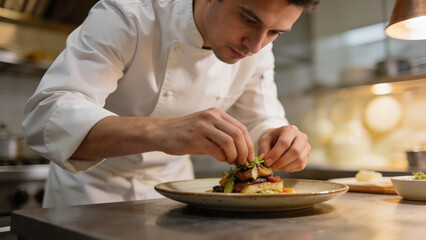 Generative AI Skilled Chef Garnishing Dish with Fresh Herbal for Restaurant Web