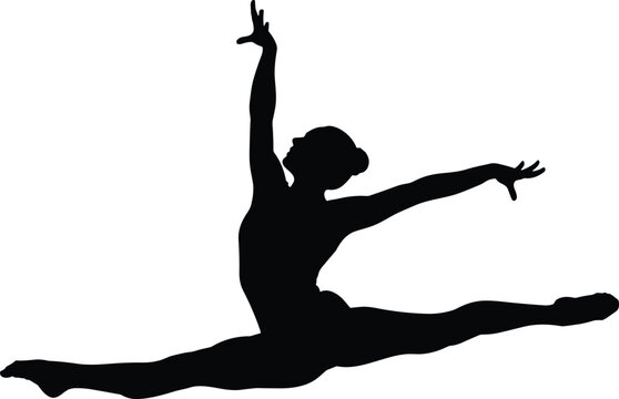Black gymnast silhouette performing splits in air, female athlete jumping vector illustration, rhythmic gymnastics pose for sports graphic design elements,