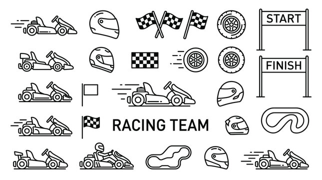 Go kart racing team thin line icon collection vector illustration featuring track start finish banner vehicle safety helmet flag and wheel outline graphic design