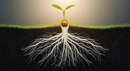 Sprouting seedling with exposed roots growing in soil