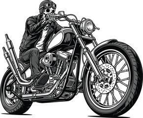Monochrome illustration of a skeleton biker in a leather jacket riding a custom chopper motorcycle. © Vhya