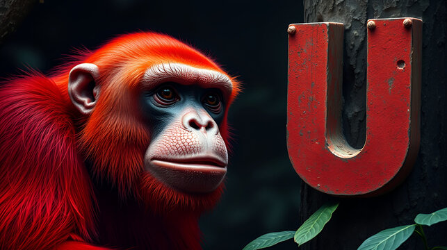 ginger bald uakari next to the letter U
