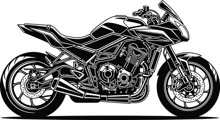 Stylized black and white vector illustration of a modern sport motorcycle in a side profile view. © Vhya