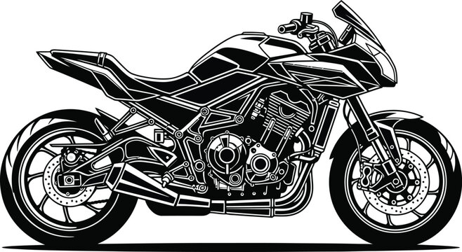 Stylized black and white vector illustration of a modern sport motorcycle in a side profile view.