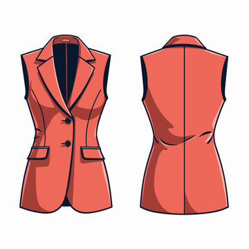 Stylish women's sleeveless longline blazer in vibrant coral color featuring front buttons and pockets for a chic professional office look.
