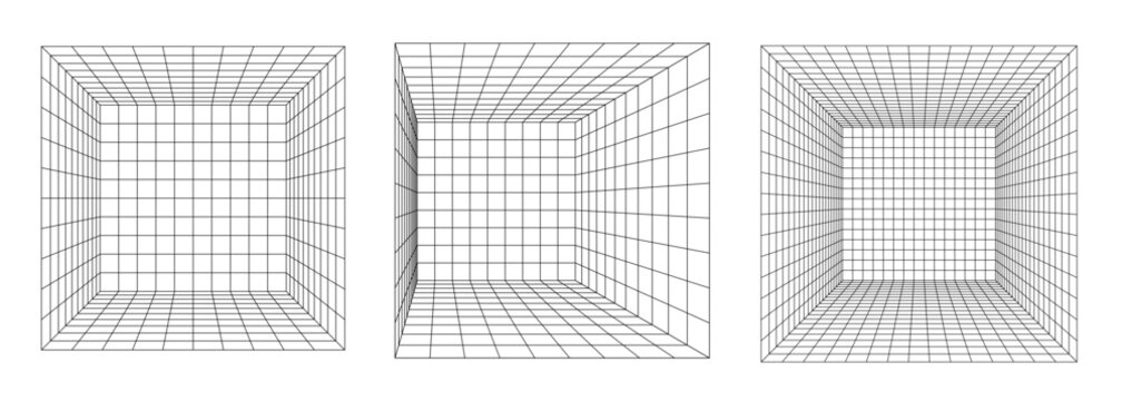 3d room grids with black lines, set of three designs. vector illustration. SVG file available only on Adobe Stock.