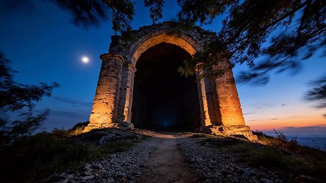 Ancient stone arch ruin under twilight sky with moon and trees