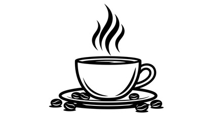 Obraz premium Steaming Coffee Cup with Beans on Saucer, Black and White Line Art