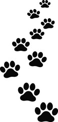 Fototapeta premium Nine animal paw prints arranged diagonally, black silhouette vector illustration symbolizing tracking, movement, exploration, presence, wildlife, pets