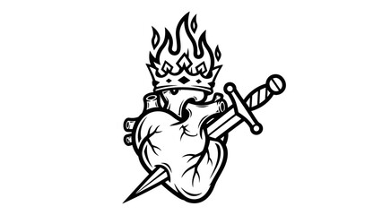 Naklejka premium Sacred Heart Flaming Crowned Dagger Piercing Outline Tattoo Design