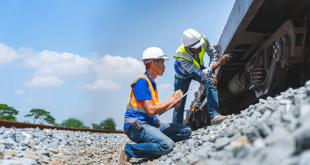 Railway engineers inspecting undercarriage and steel wheels of a freight train on tracks, Professional railway workers checking equipment and logistics infrastructure at a train yard © Poguz.P