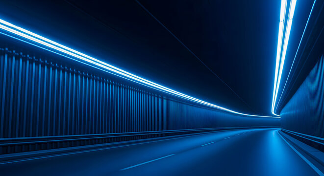 Blue light streaks in a dark tunnel with ribbed walls road abstract background