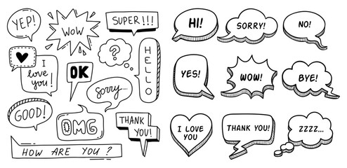 Hand Drawn Speech Bubble Doodle Collection with Cute Text and Comic Style
