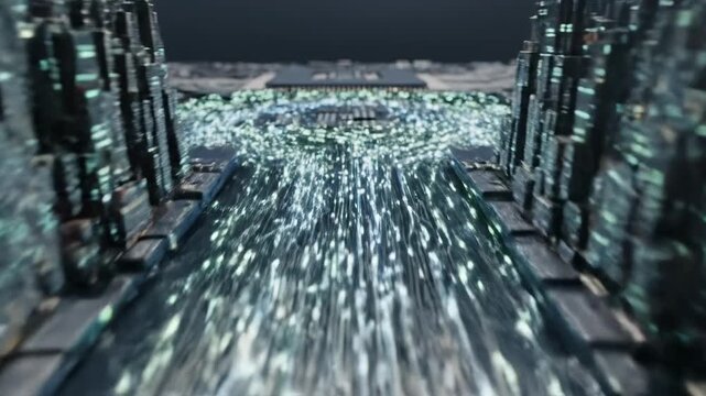 Futuristic digital data center with blurred server racks and neon lights.