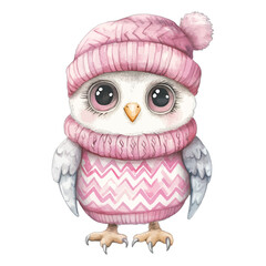 Obraz premium Watercolor Cute Owl with Pink Knitted Beanie Hat and Zigzag Pattern Winter Sweater