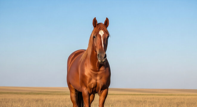 Majestic Brown Horse Standing in a Golden Field Under a Clear Blue Sky