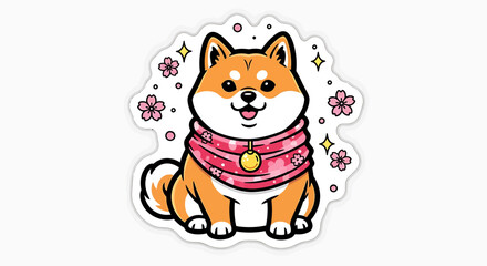 Obraz premium Cute Shiba Inu Dog with Pink Scarf and Cherry Blossoms Sticker