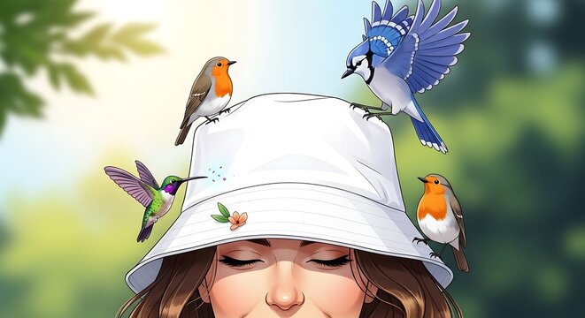 Woman with birds on white hat outdoors.