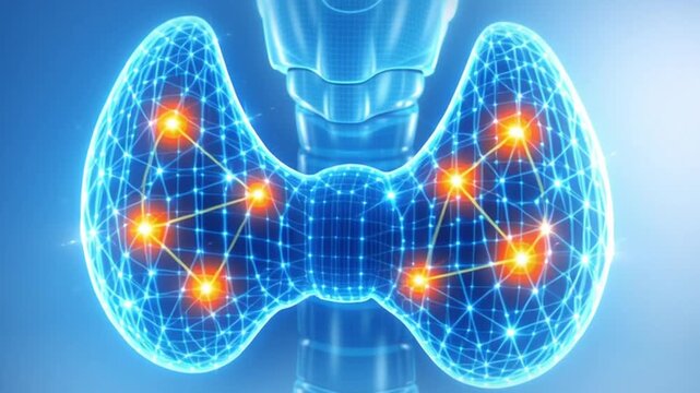 Hologram medical closeup thyroid gland anatomy with glowing node highlights hormone regulation human neck futuristic endocrine health technology blue light wireframe style digital healthcare diagnosis