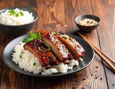Delicious Asian-style glazed ribs served with fluffy white rice and garnished with fresh herbs.