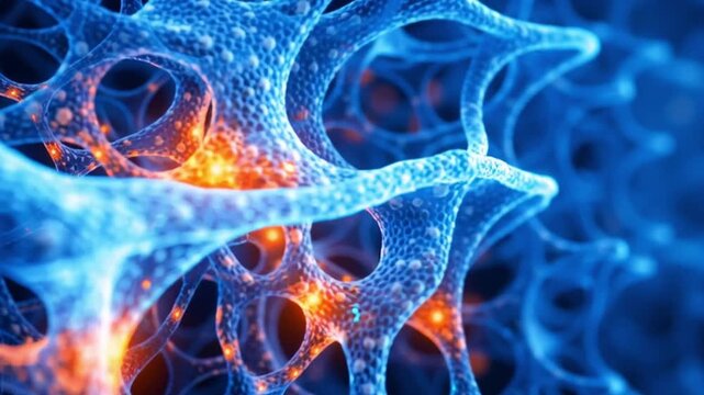 Hologram medical closeup blue cell structure glowing network abstract digital science background with vivid organic texture futuristic research illustration vibrant energy dynamic pattern