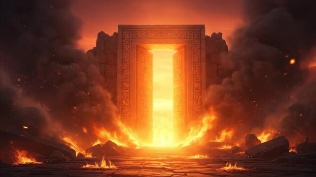 Mysterious Ancient Portal Ablaze with Ethereal Light and Fiery Smoke