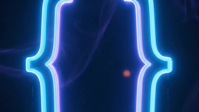 Glowing neon bracket shape with vibrant blue and purple light on dark background