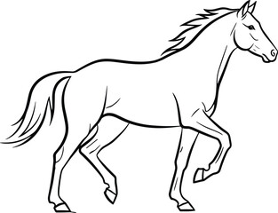 Obraz premium Horse silhouette in trotting pose, flowing mane and lifted legs, black line vector illustration for wildlife, motion, and design projects