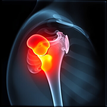 Film X-ray shoulder radiograph show degenerative osteoarthritis disease of glenohumeral and acromioclavicular joint (OA shoulder disorder). Patient has pain and stiffness problem. medical concept
